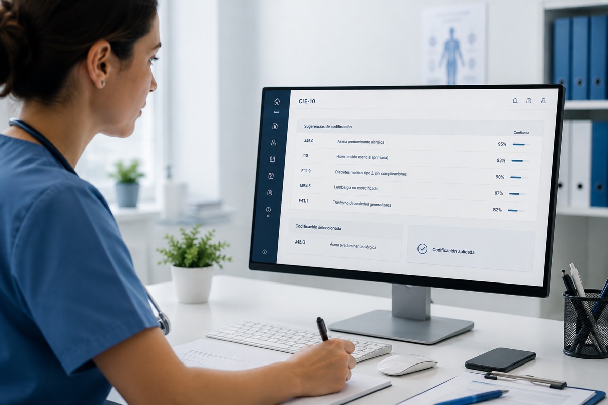 Codificador clínico trabajando con sistema de codificación CIE-10 asistido por IA