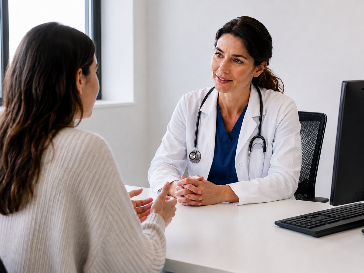 Médica especialista atendiendo a una paciente en consulta, con la documentación clínica resuelta por SofIA